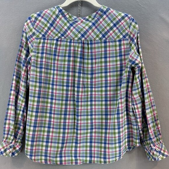 Talbots Women's LINEN BLEND‎ Size Large Petite Rainbow Ruffle Blouse Shirt Top - Picture 3 of 8